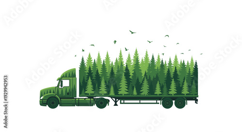 A dark green semi-truck with its trailer replaced by a dense forest of pine trees, as a flock of birds flies above.