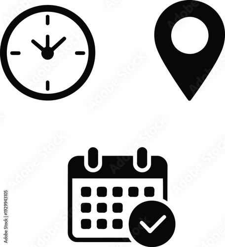 Icons representing time, location, and scheduling for event planning Vector