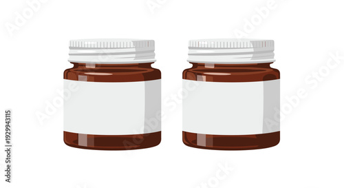 Two identical amber-colored glass jars, each equipped with a blank white label and a white screw-top lid, are neatly arranged side-by-side on a white background.