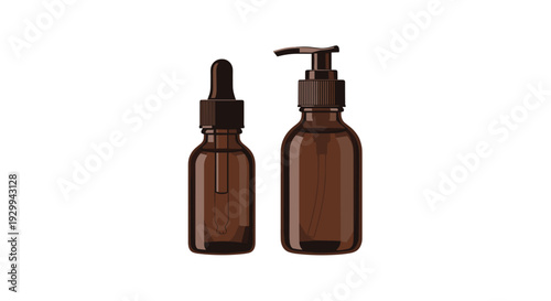 Two distinct amber-colored glass bottles, one with a precise dropper and the other with a functional pump dispenser, are presented on a clean white background.