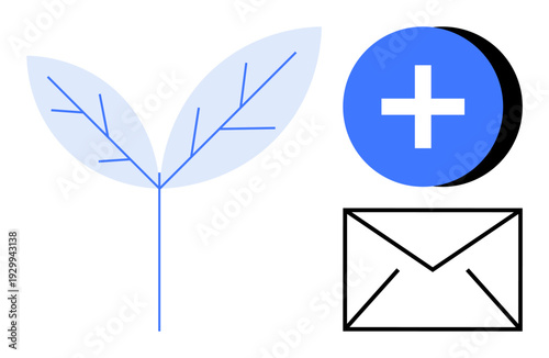 Growth concept. Stylized leaf sustainability growth while the envelope and plus sign depict communication and connectivity. Growth in sustainability and technology. For eco-communication, digital