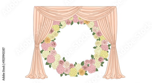 An elegant wedding arch draped with light pink curtains frames a large circular floral wreath of pink, yellow, and white roses and hydrangeas.