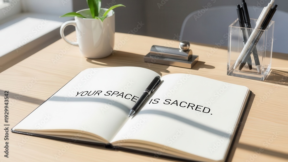 Fototapeta premium Open notebook with pen and plant on a wooden desk