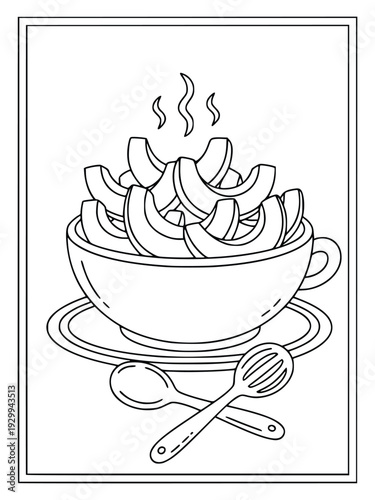 Pumpkin coloring page with steaming soup slices in a tea cup for children