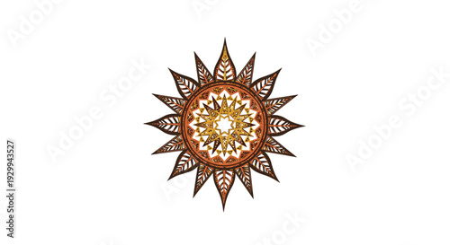 A symmetrical circular mandala design with intricate leaf and geometric patterns in brown, orange, and gold is centered on a white background.