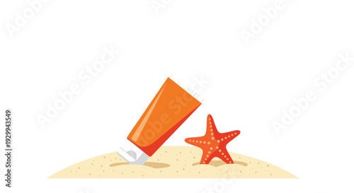 An orange sunscreen tube and a vibrant red starfish are resting together on a small patch of light brown sand.