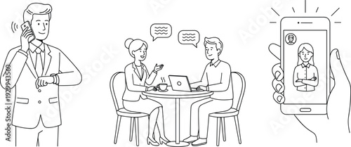 Black line business illustrations featuring professional smartphone communication collaborative coffee shop meetings and businessman checking wristwatch for punctuality