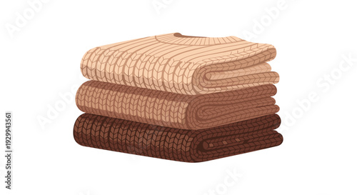 Three neatly folded ribbed knit sweaters in graduating shades of beige and brown are stacked vertically on a clean white background.