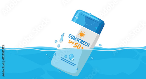 A white and blue sunscreen bottle with SPF 50 labeling floats partially submerged in clear blue water with splashes.