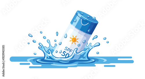An illustration of a blue and white sunscreen bottle, labeled SPF 50, dynamically splashes into a pool of vibrant blue water with droplets on a white background.