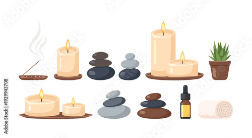 A horizontal arrangement displays various spa and wellness items, including lit candles, stacked pebbles, an incense stick, and an essential oil bottle.