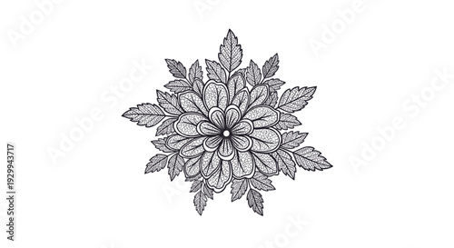 An intricate black and white mandala-like floral design, rendered with fine lines and stippling, is centrally presented on a plain white background.