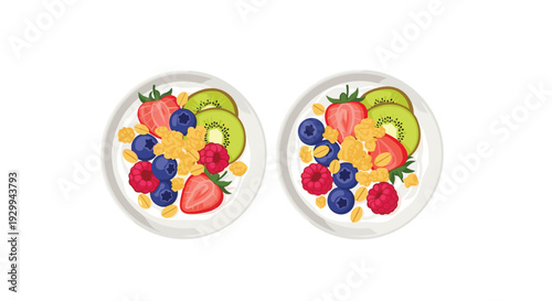 Two identical circular bowls are shown from an overhead perspective, each filled with yogurt and topped with various fresh fruits and granola.