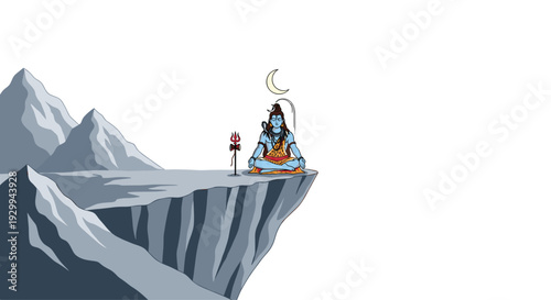 Lord Shiva meditates in a lotus position on a perilous cliff edge, with his trident nearby and a crescent moon above.