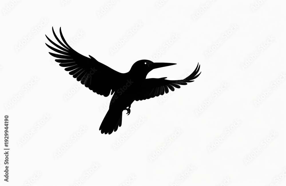 Obraz premium Black crow bird silhouette in mid-flight. Wide wings spread open against plain white backdrop. Simple graphic art, clean lines, negative space. Avian creature flying freely.