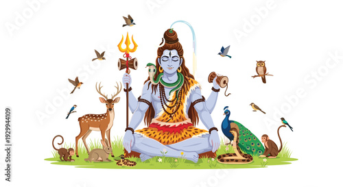 Lord Shiva sits in a meditative lotus pose on a small patch of grass, surrounded by a diverse array of wild animals and flying birds.