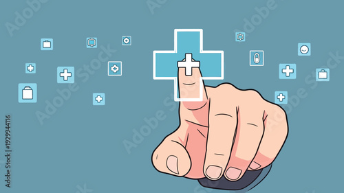 A hand reaches out to touch a health symbol on a blue backdrop. This shows engagement with wellness technology.