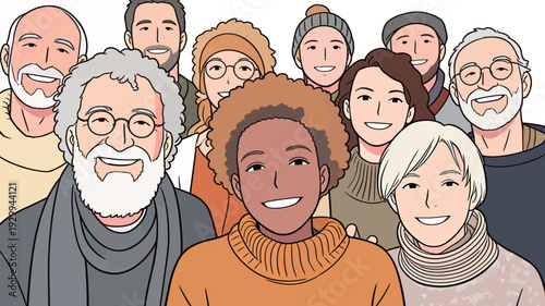 A diverse group of people stands together, smiling and looking at the camera, showing their happy expressions during a celebration.