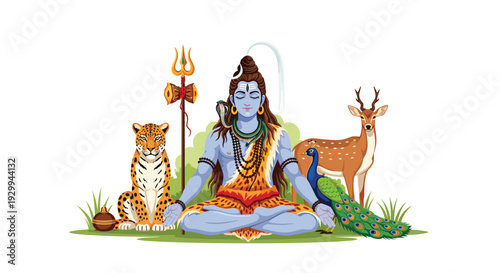 Lord Shiva meditates peacefully in a lotus position on a small grassy area, accompanied by a leopard, a peacock, and a deer.