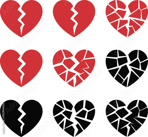 Nine broken hearts with various crack patterns on a white background Vector