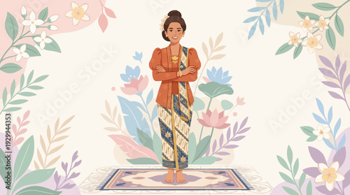 celebrating women empowerment for Kartini Day, confident woman wearing modern traditional inspired outfit, soft pastel floral background