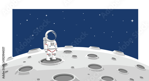 A lone astronaut in a white spacesuit stands on the cratered gray surface of the moon under a dark blue starry sky.