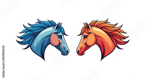 Two stylized horse heads, one blue and one orange, face each other symmetrically with flowing manes against a plain white background.