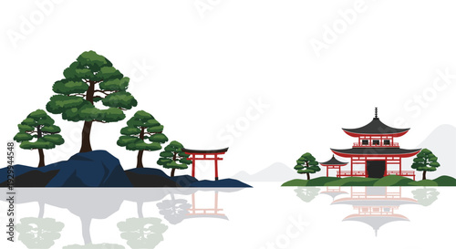 A traditional Japanese temple and a red torii gate stand on separate islands with pine trees, reflected in calm water against a white background.