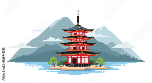 A majestic multi-tiered Japanese pagoda stands on a small island amidst tranquil blue water and layered mountains with clouds.