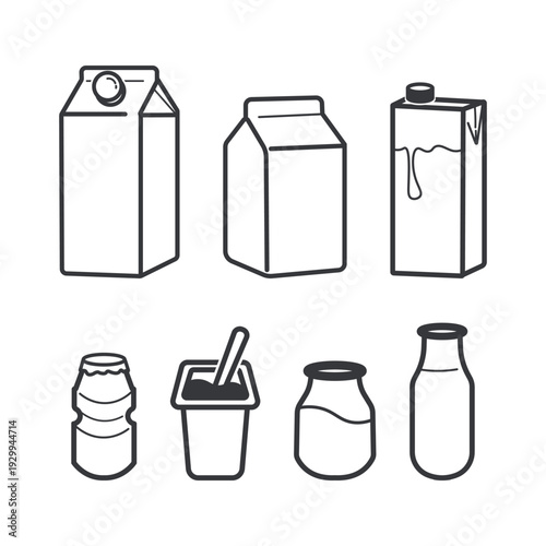 Isolated outline pictogram set of milk and beverage packaging including carton, box, cup, jar, and bottle for dairy product branding design