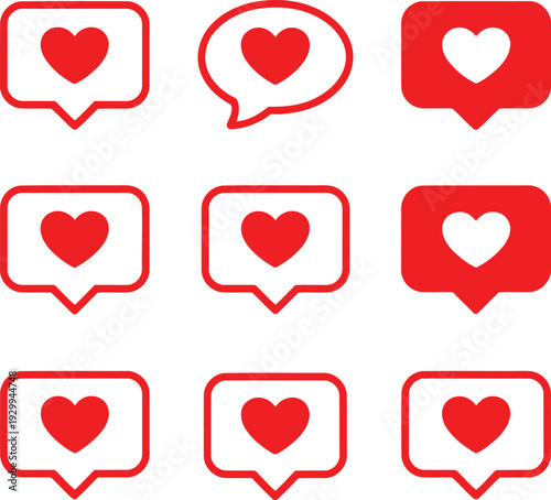 Nine red heart icons arranged in a 3x3 grid with different shapes and styles Vector