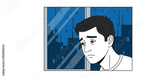 A sad, worried man with dark hair and visible eye bags looks out a window with raindrops on the glass, showing a blurred blue city background.