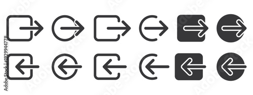 Bundle isolated entrance and exit icons with directional arrows in square and circle variations for navigation signage design use