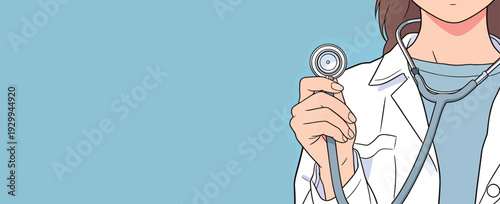 A medical worker is holding a stethoscope in one hand. They wear a white coat and stand in front of a blue background.