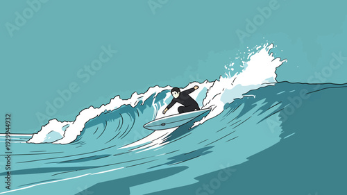 A surfer stands on a board riding a wave in blue water near a beach on a sunny day. The scene shows action and movement in the ocean.