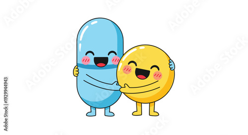 A blue anthropomorphic pill capsule embraces a smaller yellow round pill, both characters smiling happily on a white background.