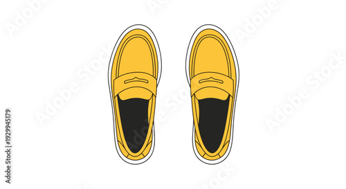 A symmetrical pair of bright yellow penny loafers with distinct white soles are neatly arranged side-by-side, viewed from an overhead perspective on a plain white surface.