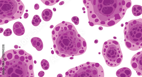 Numerous irregular organic shapes in various shades of purple and pink, some with smaller internal circles, are scattered across a pristine white background.