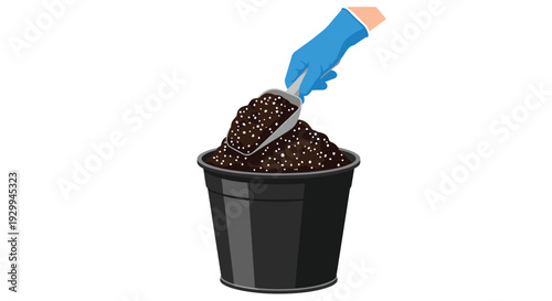 A blue-gloved hand uses a silver scoop to fill a black plastic pot with dark brown soil and white perlite on a plain white background.