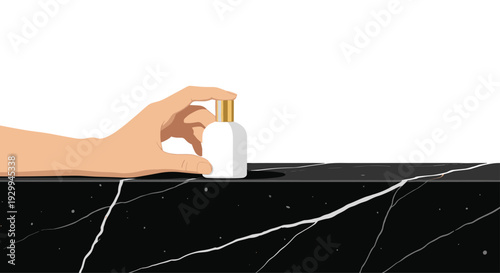 A human hand gently grasps a small white bottle with a gold cap, resting on a dark marble countertop against a bright white backdrop.