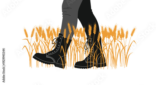 Two legs wearing black combat boots with laces are shown walking through a dense field of golden wheat stalks on a clean white background.