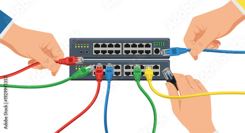 Several human hands are actively plugging colorful ethernet cables into two stacked grey network switches featuring multiple ports and indicator lights against a clean white background.