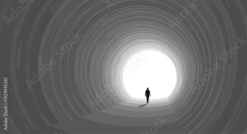 A solitary dark silhouette of a person walks towards a brilliant white light at the far end of a long dark circular tunnel with rough textured gradient walls.