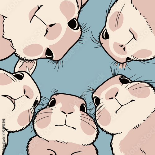 Six rabbits gather closely, peering up with interest and curiosity against a blue background, sharing a lively moment together.