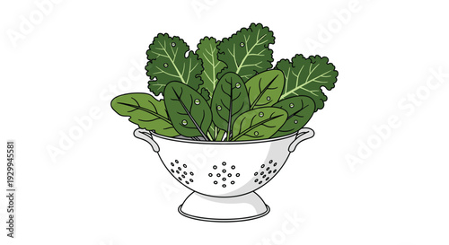 A white perforated metal colander brimming with freshly washed green leafy vegetables, including spinach and kale, is presented on a clean white background.