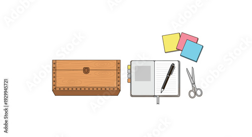 A light brown wooden box, an open notebook with a pen, silver scissors, and three colorful sticky notes are scattered across a pristine white background.