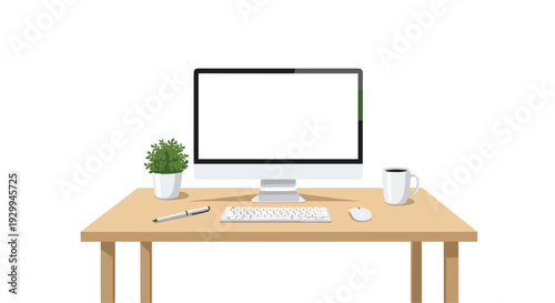 A modern desktop computer setup with a blank screen, keyboard, mouse, plant, pen, and coffee mug is meticulously arranged on a light wooden desk.