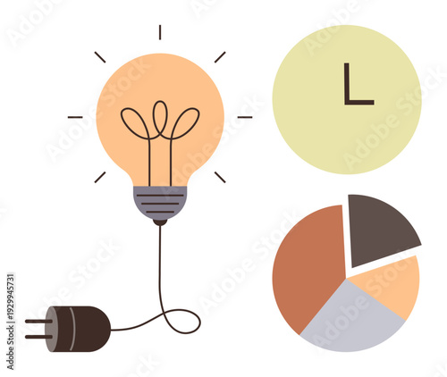 Energy, creativity, time management, productivity, analytics, business planning. A light bulb connected to a plug, a clock and a pie chart. Energy and time management concepts