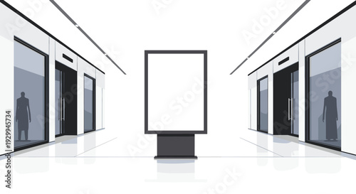 An empty modern shopping mall corridor with a large blank vertical billboard centrally positioned and flanked by two storefronts is depicted in white, grey, and black.