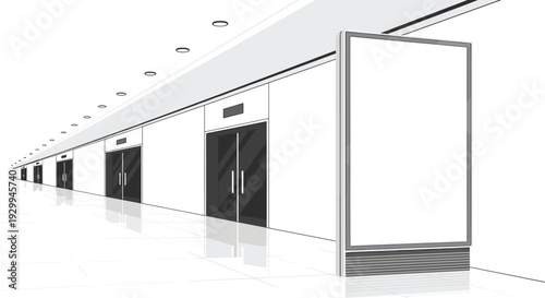 A long, empty modern hallway featuring a series of black doors on the left and a large blank vertical billboard on the right is depicted in white, grey, and black.